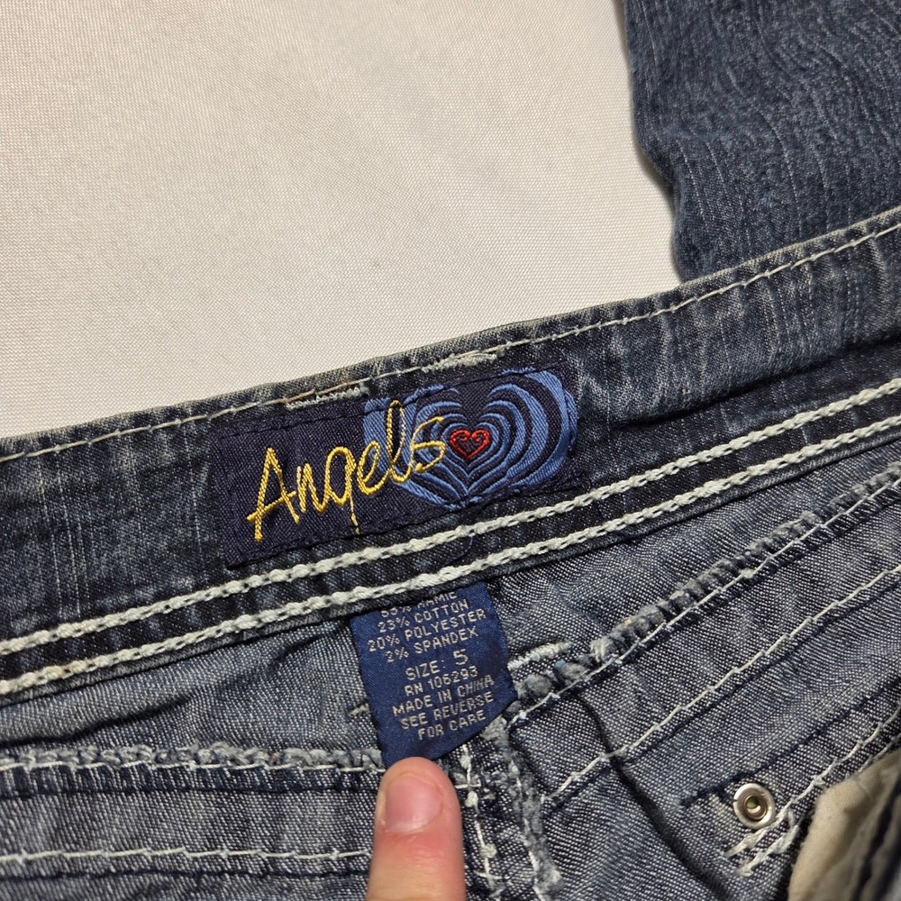 Angels Womens Skinny Jeans Blue Dark Wash Thick Stitch Rhinestone Low Rise Sz 5 - Picture 3 of 8